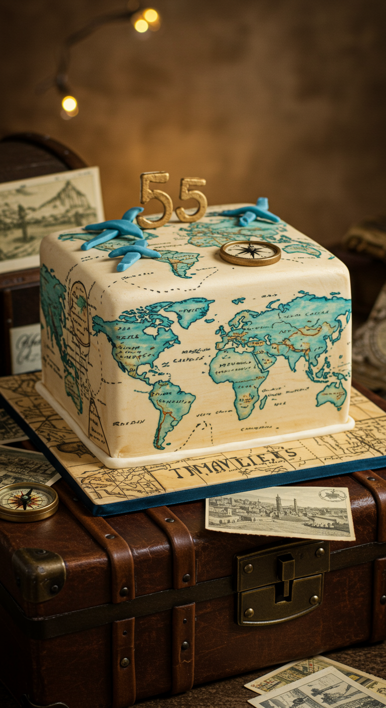 Quadratische Torte mit Weltkarten-Design, Flugzeugen und Kompass aus Fondant.