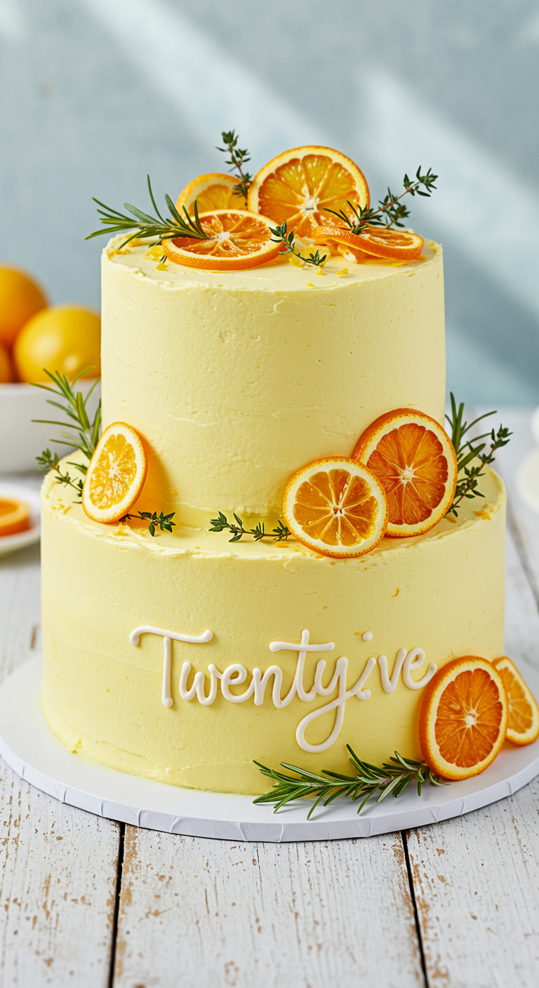 Zweistöckige gelbe Torte dekoriert mit Orangenscheiben, Rosmarin und
