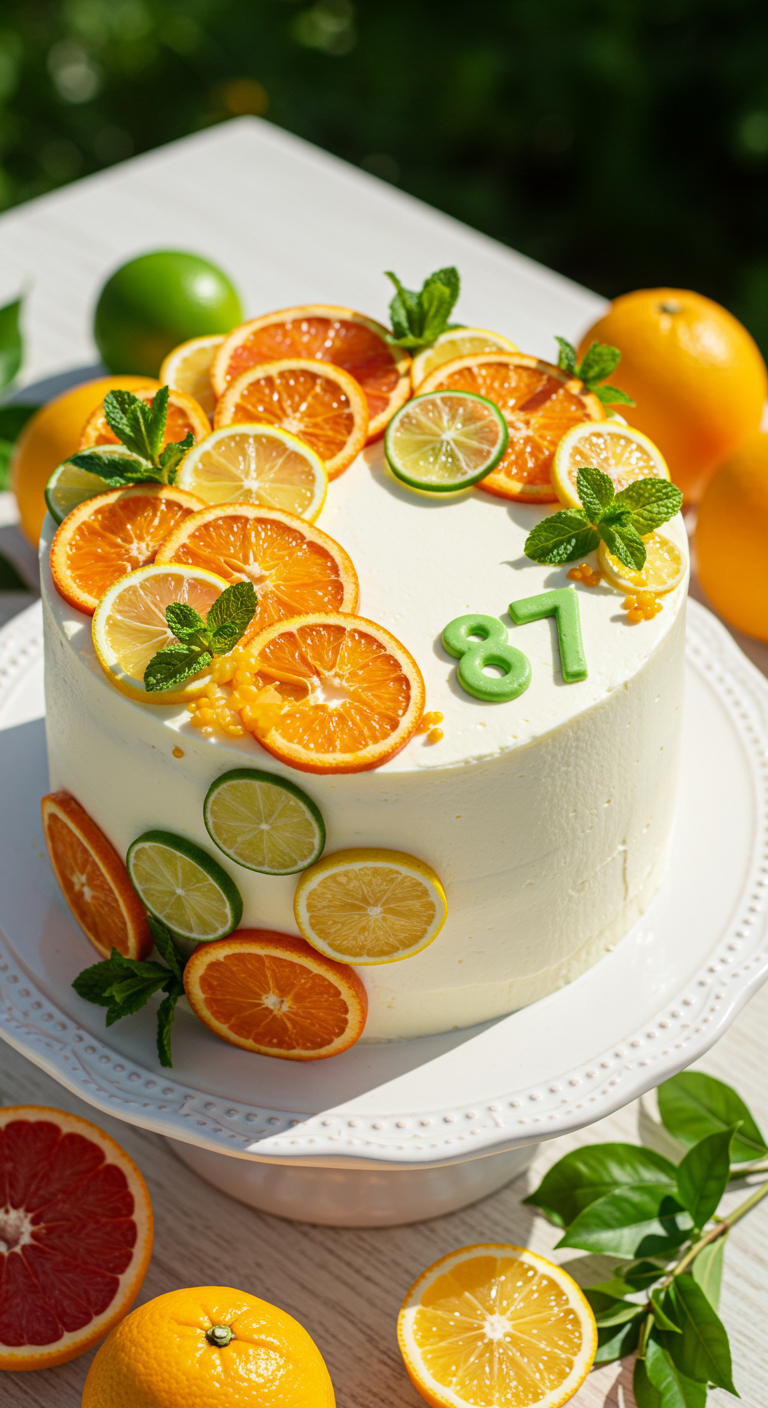Weiße Torte mit frischen Zitronen-, Orangen-, Limettenscheiben und Minze.