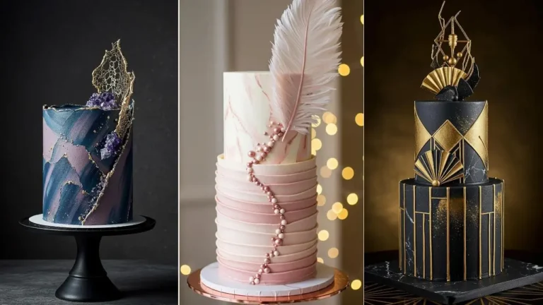 Drei Buttercreme-Hochzeitstorten mit Marmorierung, Noppen und Farbtextur in Blau, Rosa und Schwarz mit Gold.