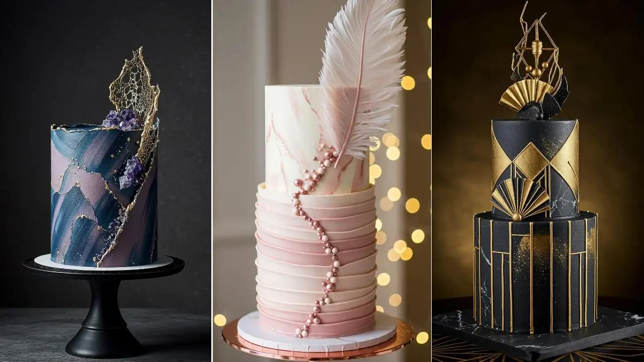 Drei Buttercreme-Hochzeitstorten mit Marmorierung, Noppen und Farbtextur in Blau, Rosa und Schwarz mit Gold.