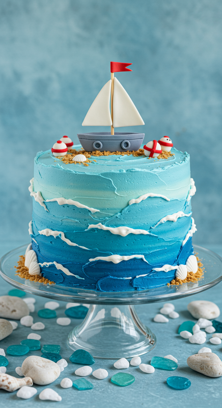 Blaue Ombré-Torte mit Wellenoptik, Segelboot-Topper und Kekssand.
