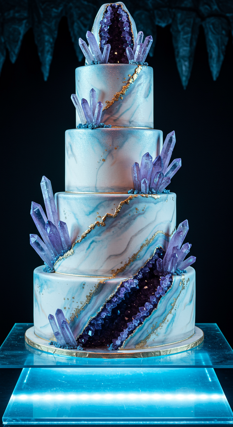 Mehrstöckige Torte mit Marmor-Effekt und aufbrechenden Geoden aus lila Zuckerkristallen.
