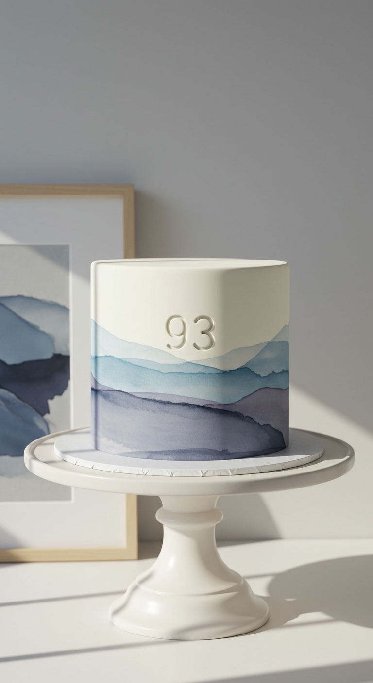 Weiße Torte mit einer in Blautönen gemalten Berglandschaft im Aquarellstil und geprägter Zahl 93.