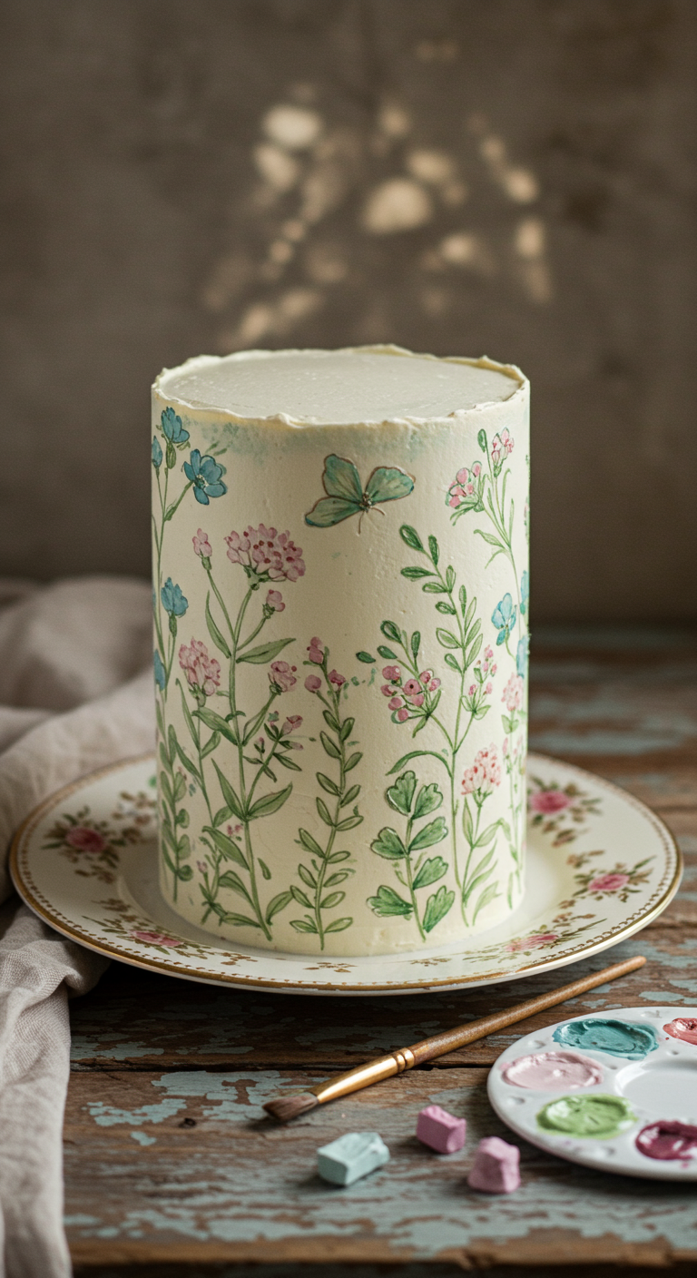 Weiße Torte mit handgemalten Pastellblumen und Schmetterlingen auf einem Vintage-Teller.