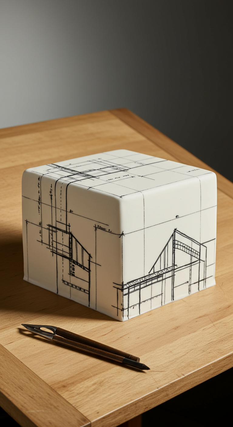 Weißer, quadratischer Kuchen mit detaillierter architektonischer Zeichnung.