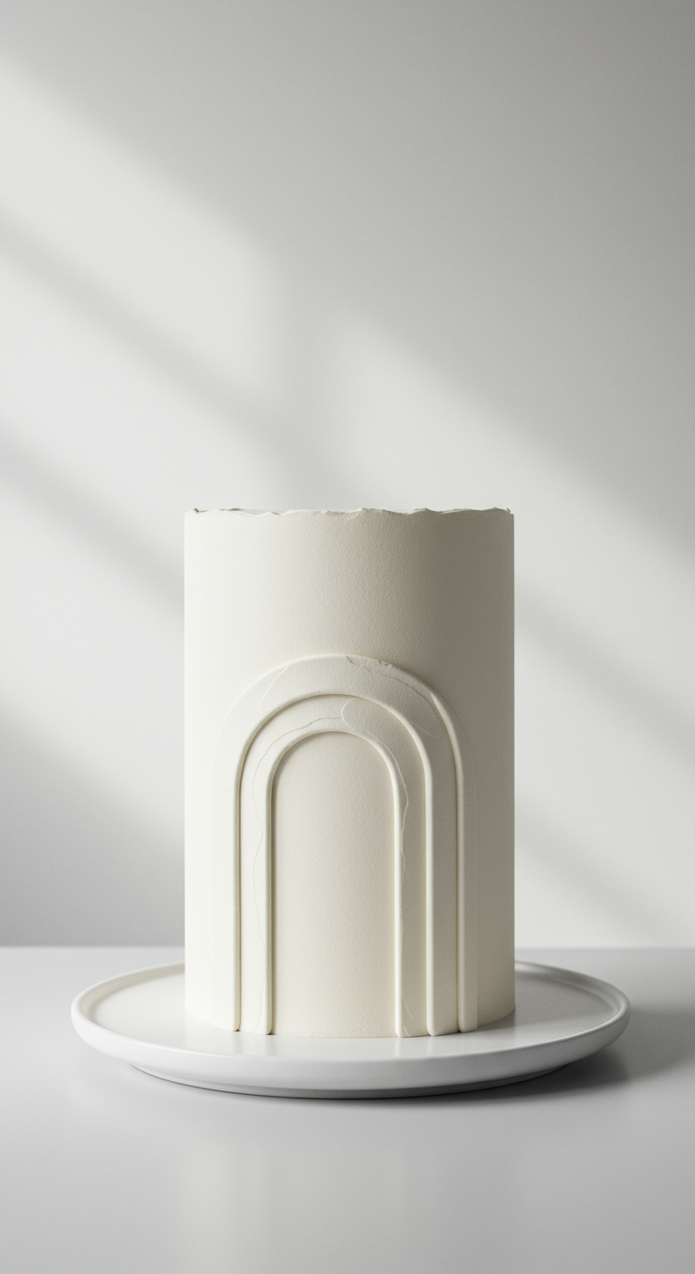 Reinweiße minimalistische Torte mit aufgesetzten Bögen aus Creme.