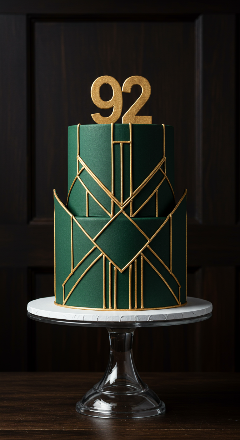 Dunkelgrüne zweistöckige Torte mit goldenen Art-Déco-Linien und Zahl 92.