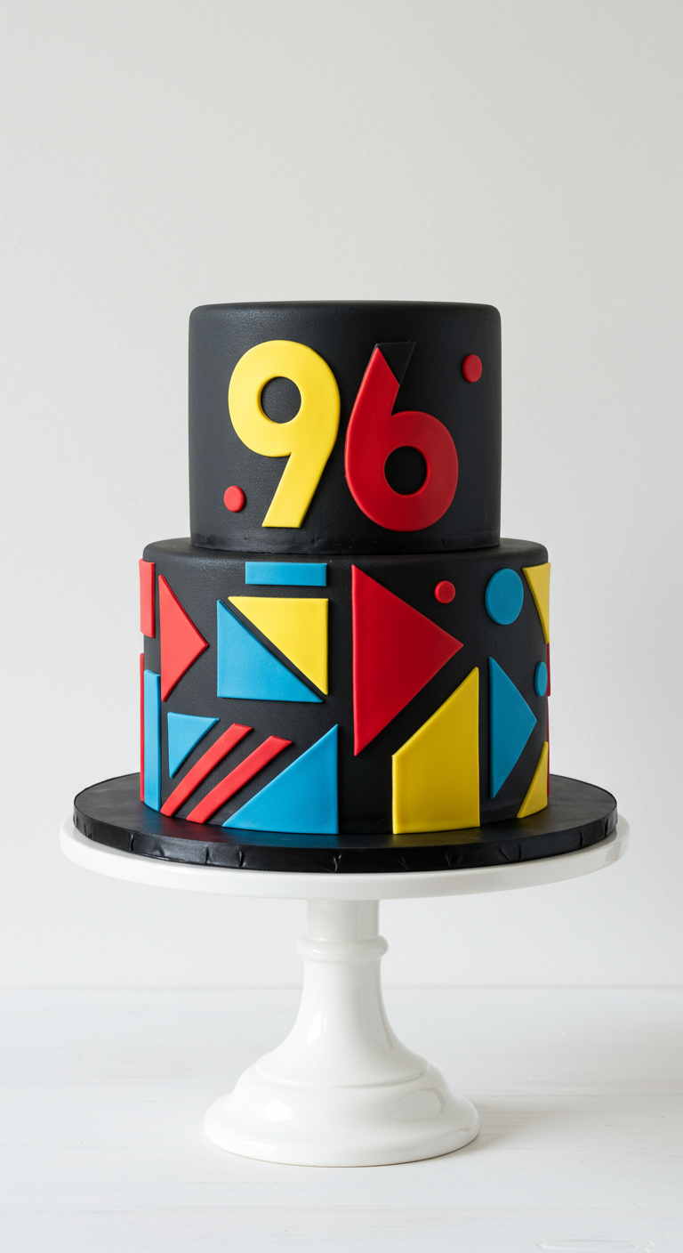 Zweistöckige schwarze Torte mit bunten geometrischen Formen und der Zahl 96.