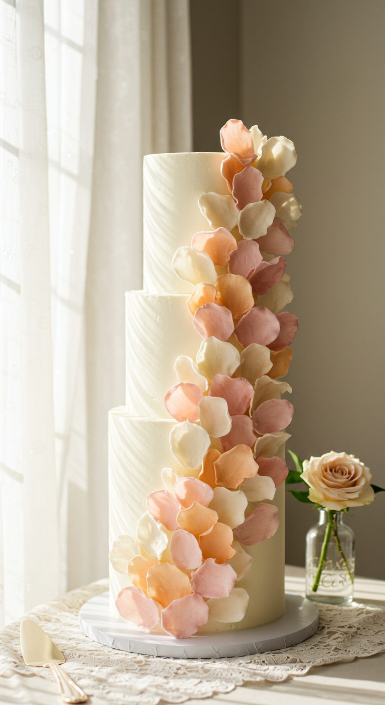 Dreistöckige weiße Torte mit einer Kaskade aus zarten Blütenblättern in Rosa, Apricot und Creme.