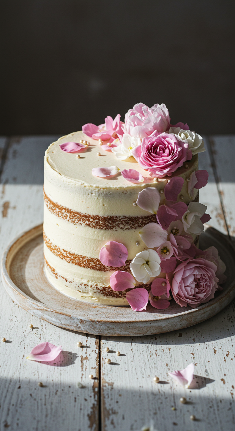 Semi-Naked Cake mit rosa und weißen Rosenblüten und Zuckerperlen dekoriert.