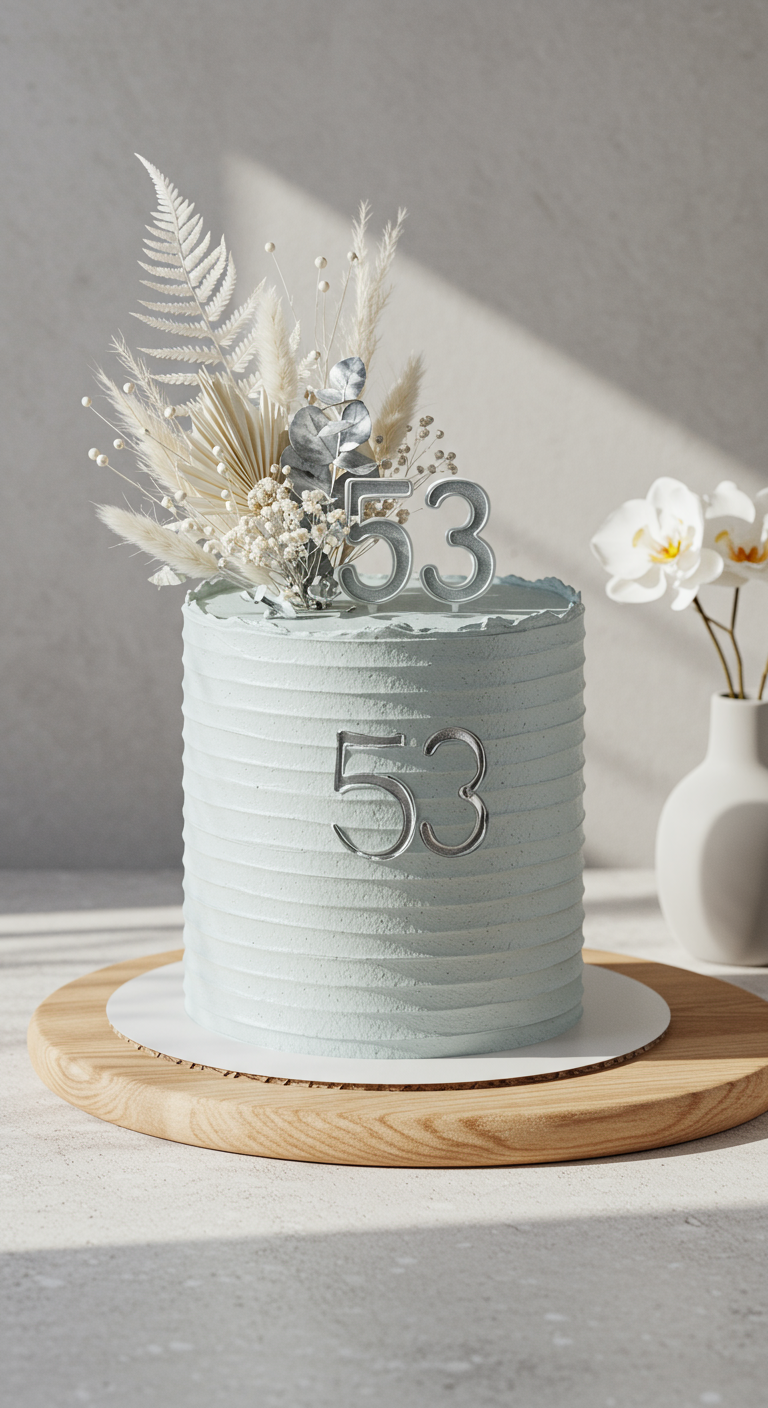 Hellblaue Torte mit Rillenstruktur, dekoriert mit Trockenblumen und silbernen Zahl 53 Toppern