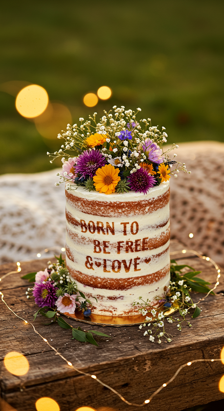 Naked Cake mit frischen Blumen und Schriftzug „Born to be Free & Love“.