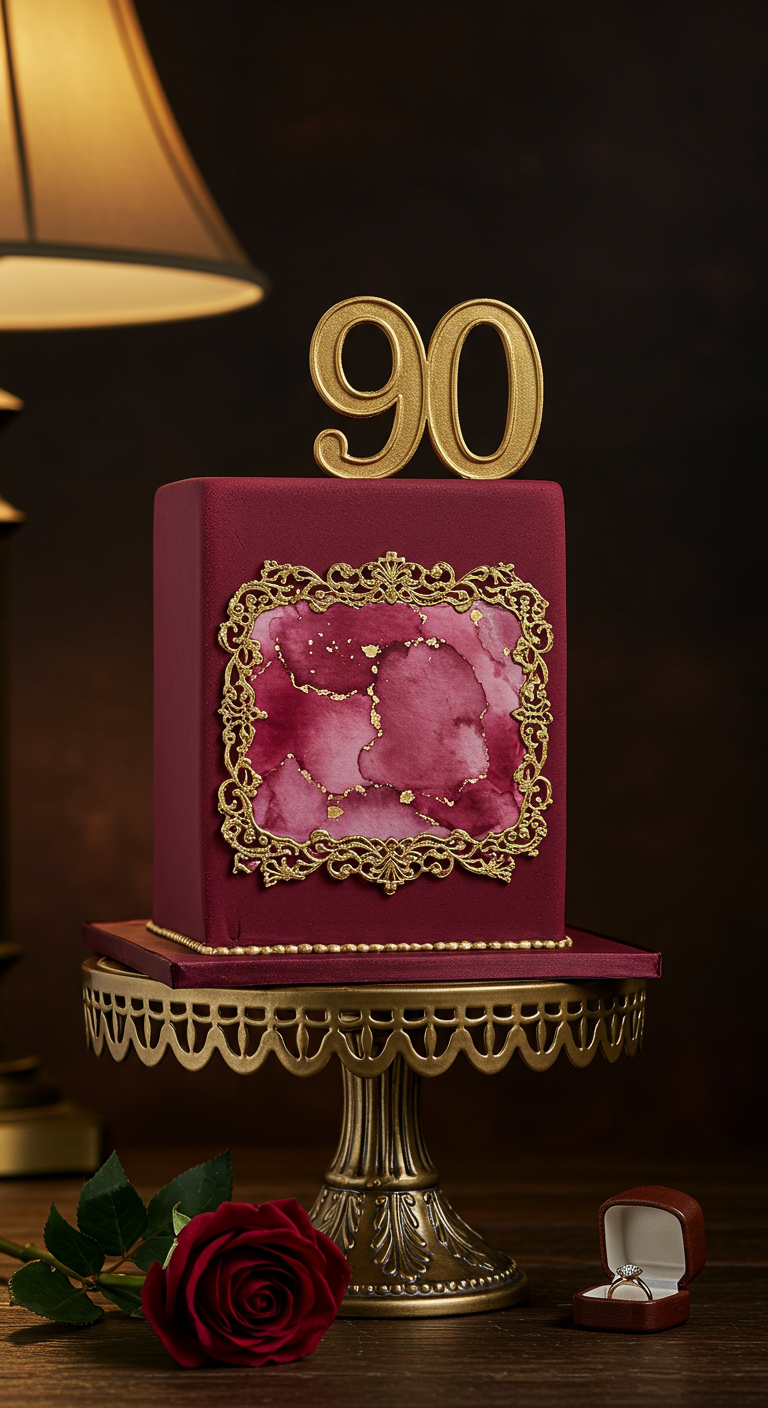 Quadratische, burgunderrote Torte mit goldenem Barockrahmen um ein rosa Aquarell-Fenster.