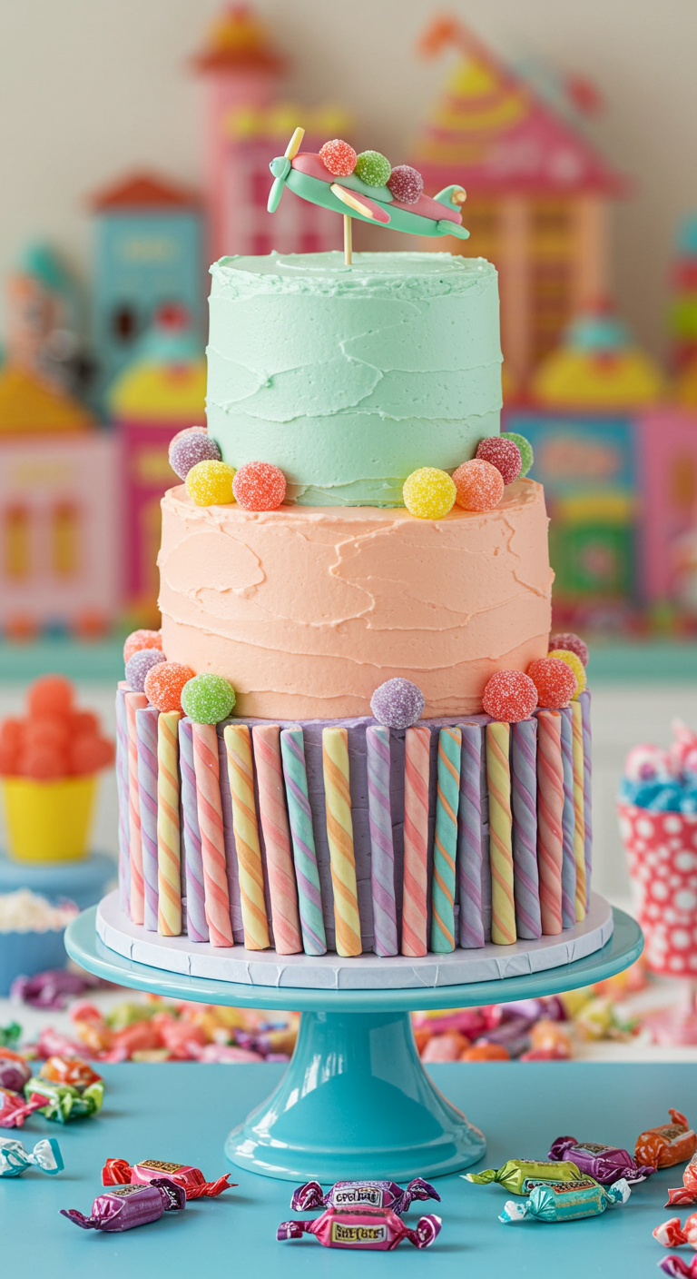 Dreistöckige Torte, untere Etage mit bunten Zuckerstäbchen, obere Etagen pastellfarben, mit Flugzeug-Topper.