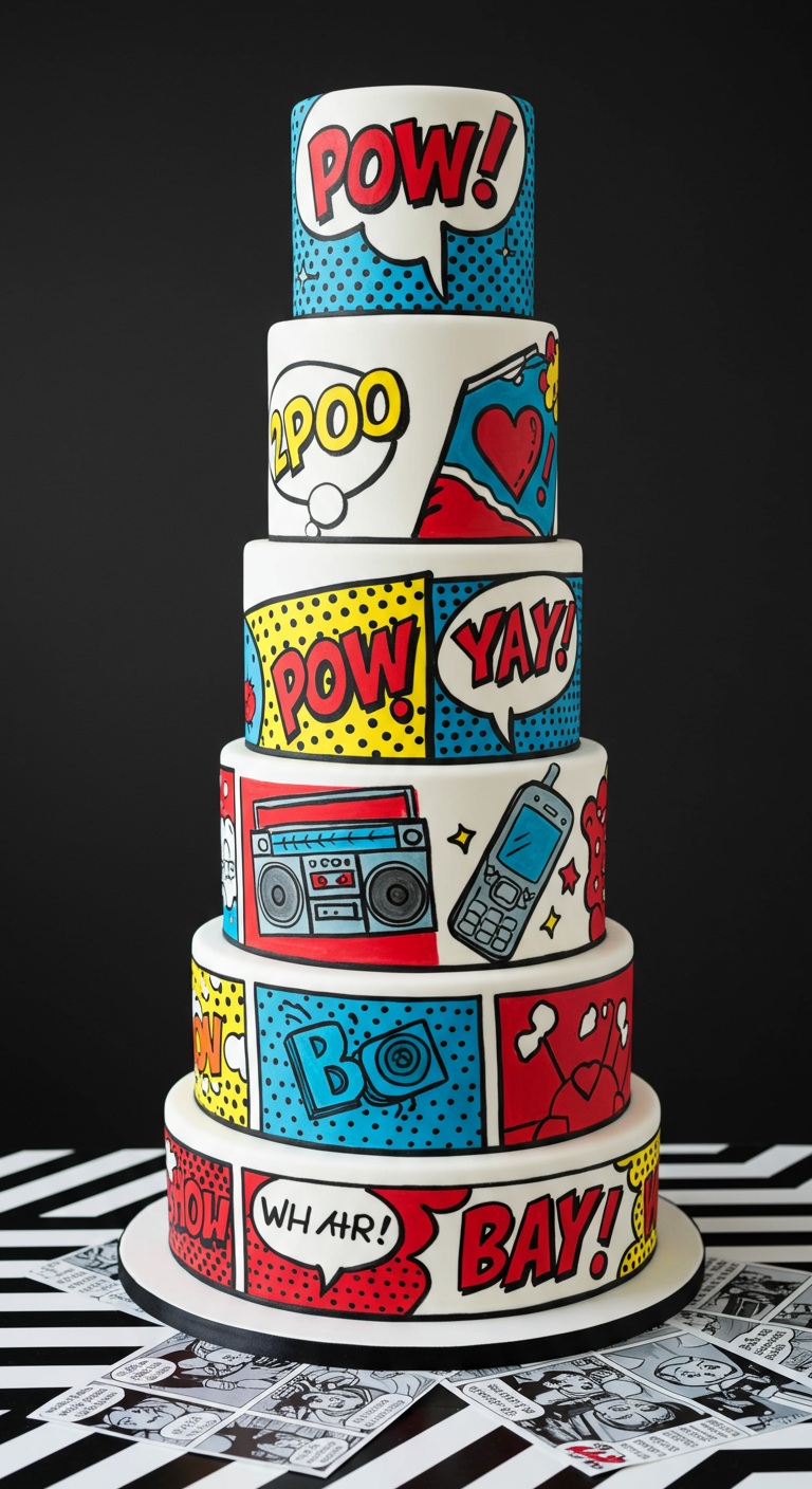 Mehrstöckige Torte im Comic-Stil mit bunten Panels und typischen Lautmalereien.