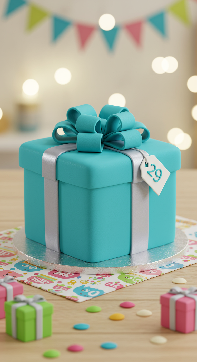 Türkise Torte in Geschenkform mit großer Schleife und Anhänger
