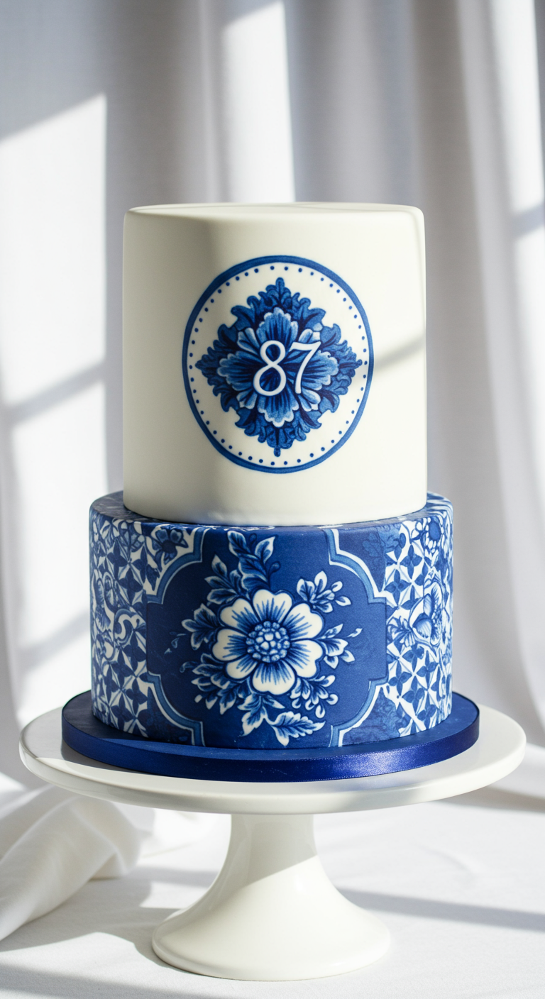 Zweistöckige weiße Torte mit blauen Delft-Mustern, ähnlich Porzellan.