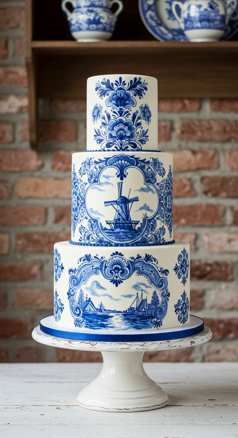 Dreistöckige weiße Torte mit handgemalten blauen Delfter Porzellanmotiven