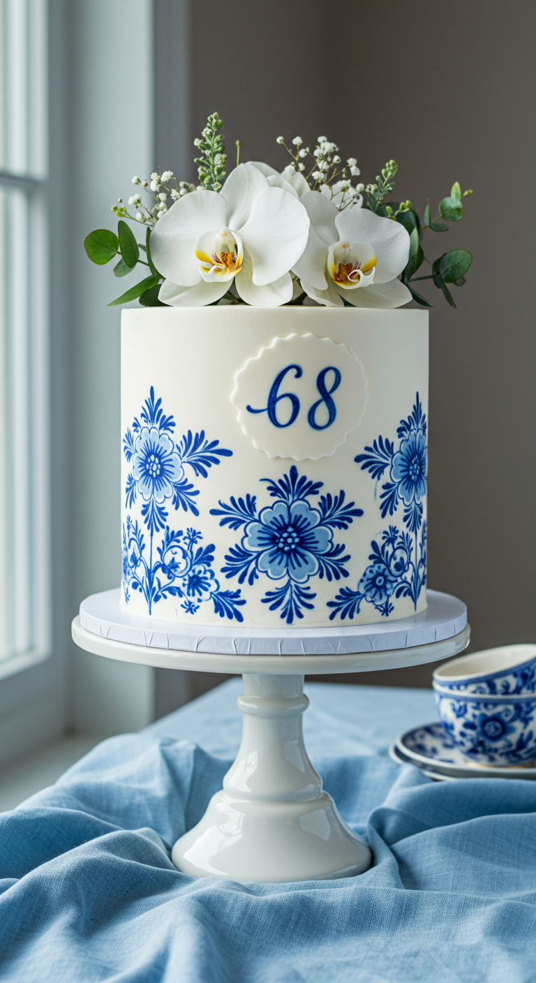 Weiße Torte mit handgemalten blauen Blumen im Delfter Stil und weißen Orchideen.
