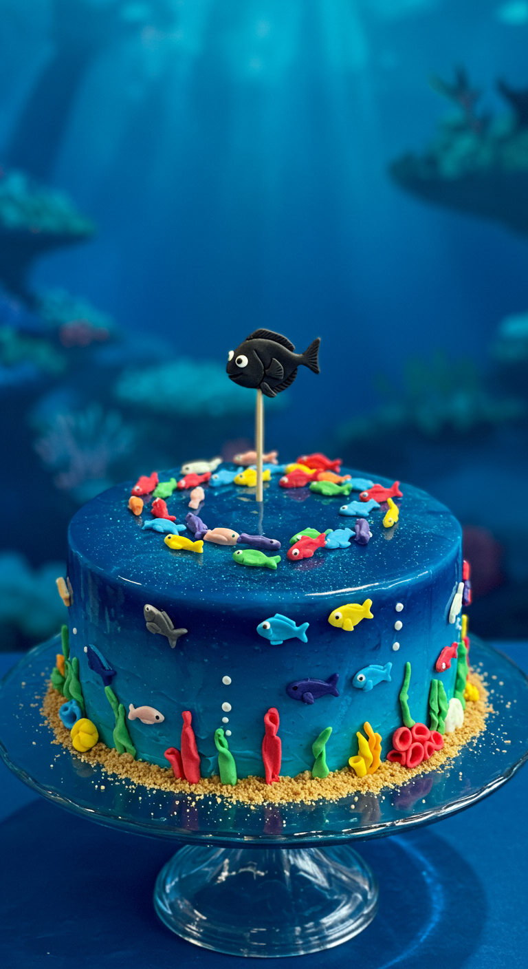 Blau glasierte Torte mit bunten Fondantfischen, Korallen und einem schwarzen Fisch-Topper.