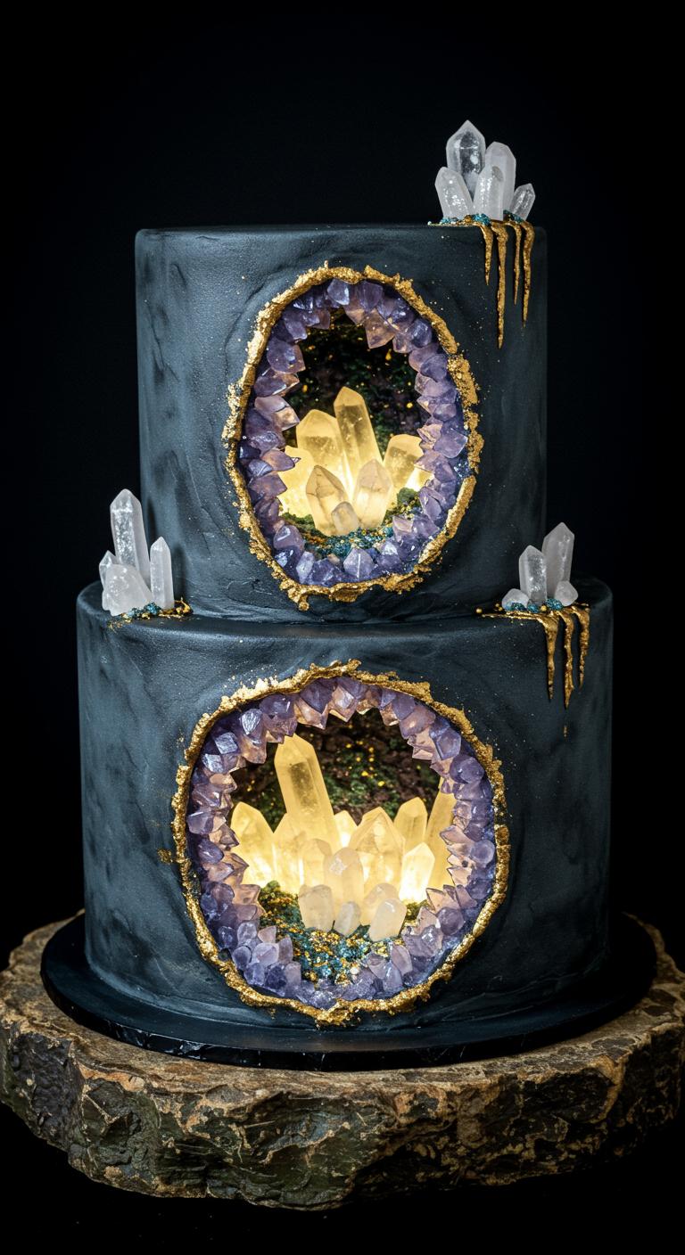 Dunkle zweistöckige Geoden-Torte mit von innen leuchtenden Kristallen.