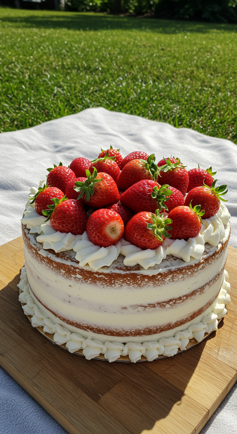 Semi-Naked Cake mit Erdbeeren und Sahnetupfern auf Holzbrett.