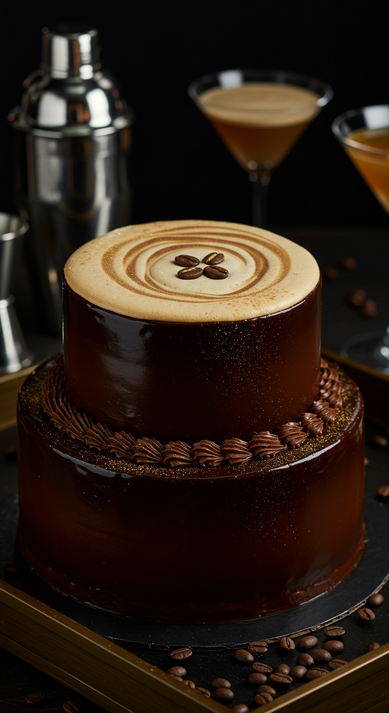 Zweistöckige Schokoladen-Kaffee-Torte im Espresso-Martini-Stil.