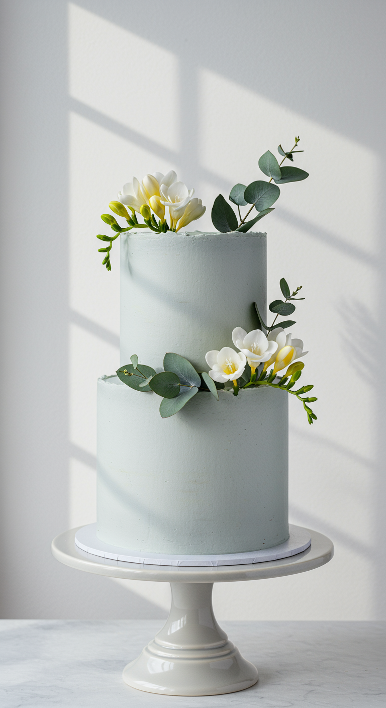 Zweistöckige, pastellgraue Torte, dezent dekoriert mit Eukalyptuszweigen und weißen Freesien.