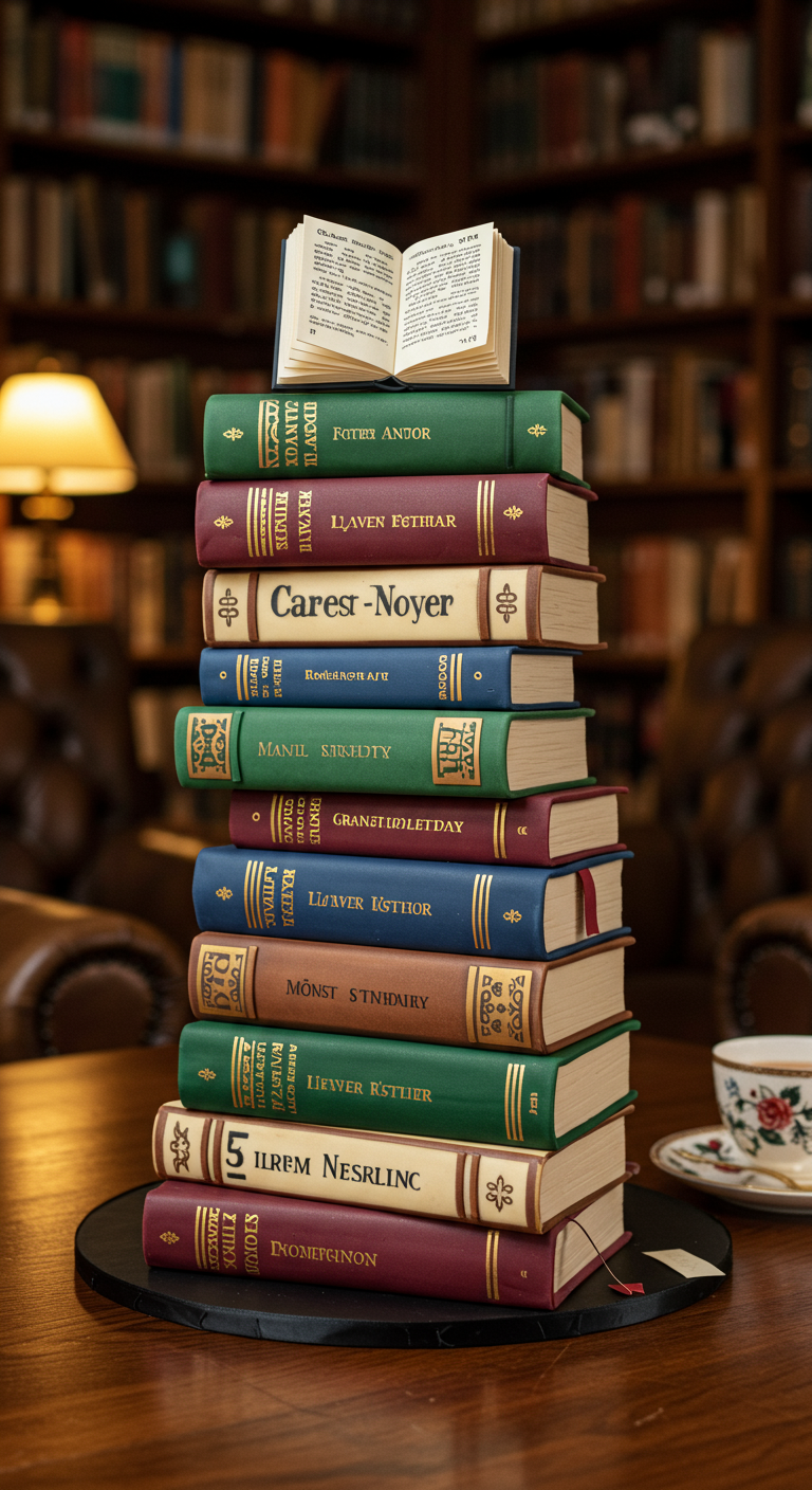 Kuchen in Form eines Stapels verschiedenfarbiger Bücher.