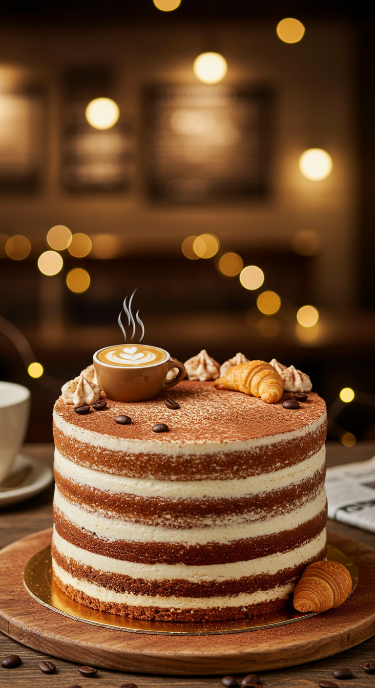 Naked Cake mit Kakaopulver, Mini-Kaffeetasse und Croissant-Deko.