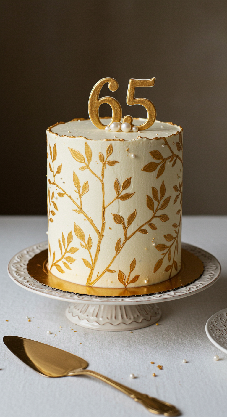 Weiße Torte mit aufgemalten goldenen Zweigen und 65-Topper.