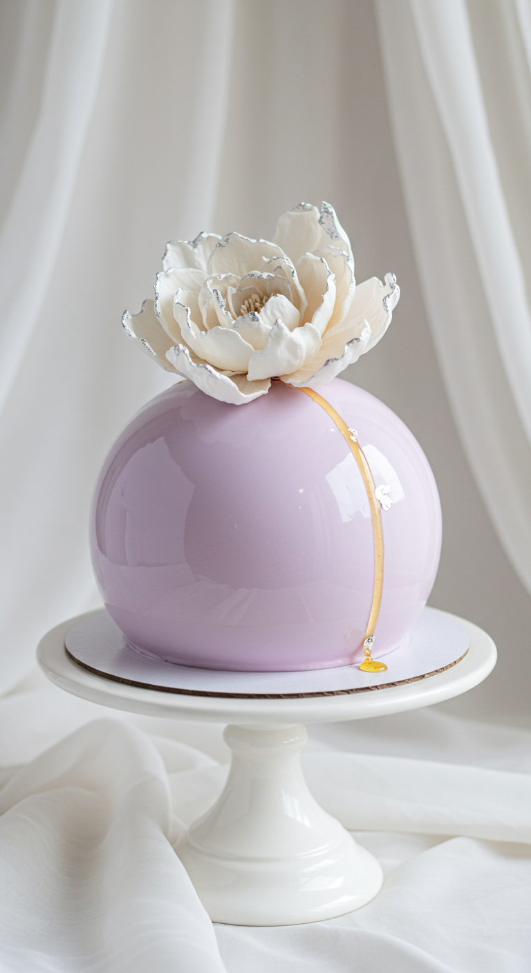 Fliederfarbene Mirror-Glaze-Kugeltorte mit großer weißer Zuckerblüte mit Silberspitzen und Gold-Drip.
