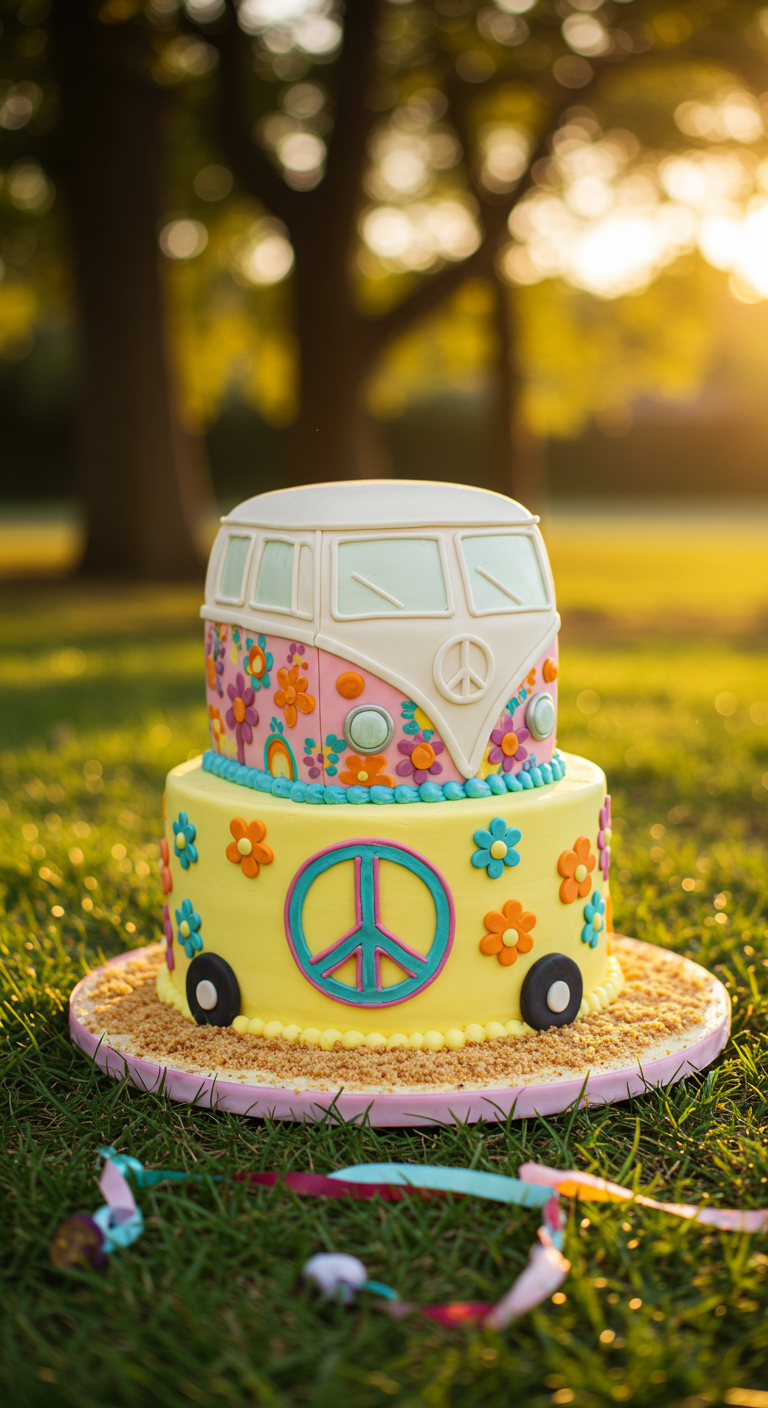 Zweistöckige Torte, deren obere Etage wie ein Hippie-Bus mit Blumen und Peace-Zeichen aussieht.