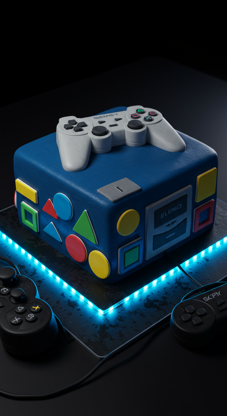 Blaue Y2K-Torte in Form einer Spielkonsole mit Controller-Topper und LED-Licht.