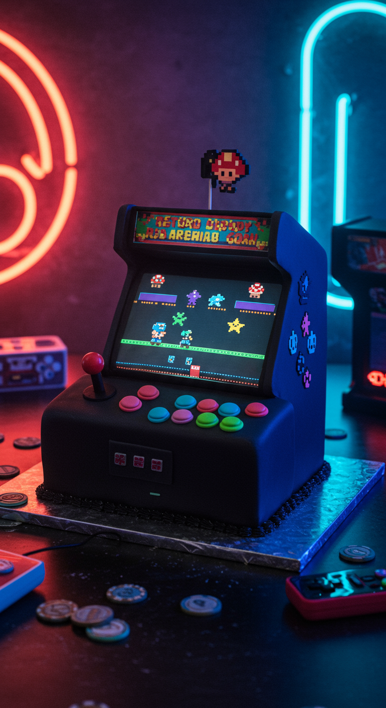 Torte in Form eines Arcade-Spielautomaten mit Pixel-Art-Bildschirm und bunten Knöpfen.