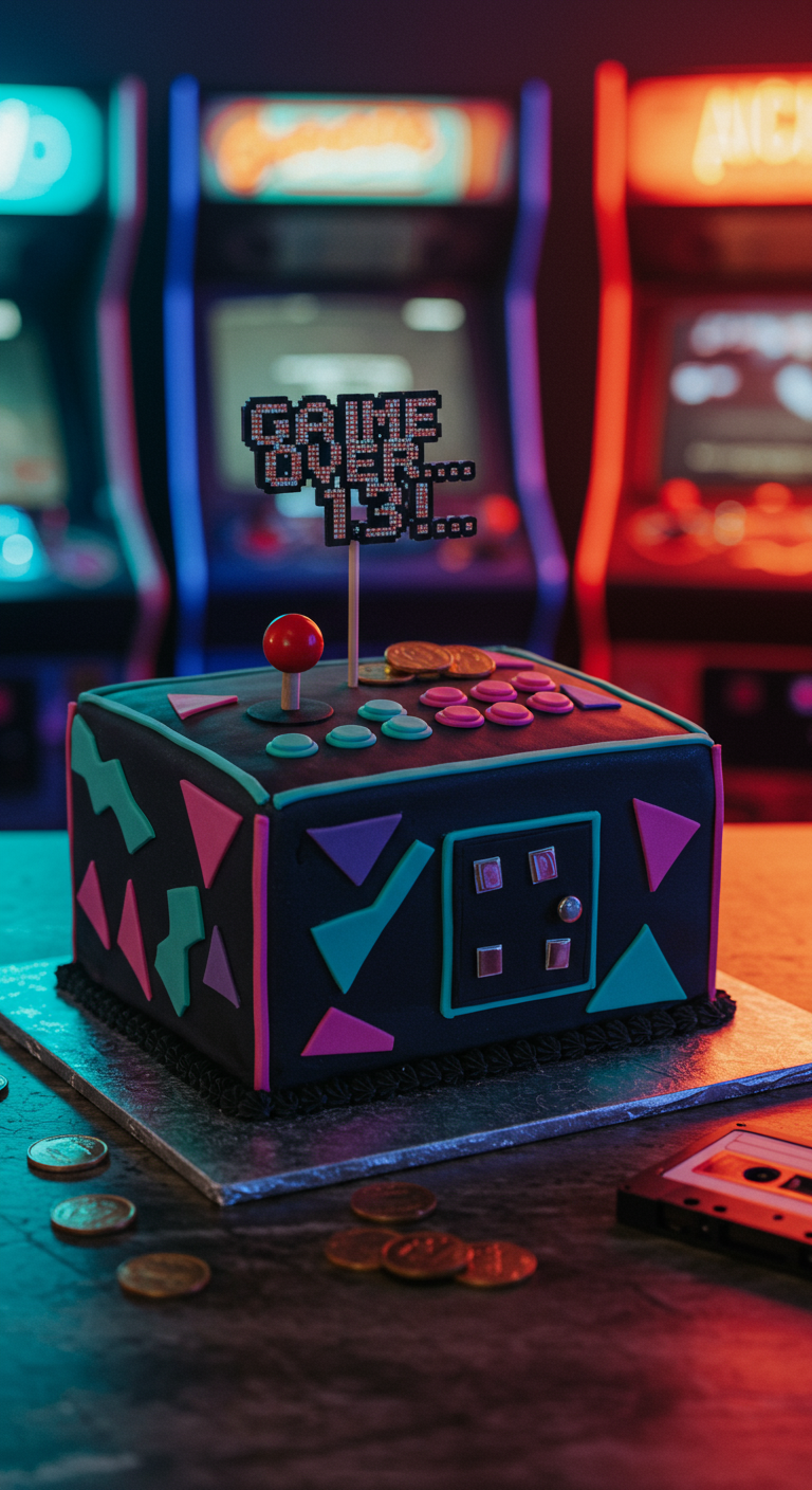 Schwarze, eckige Torte als Arcade-Konsole mit Joystick, Knöpfen und Pixel-Schrift-Topper.
