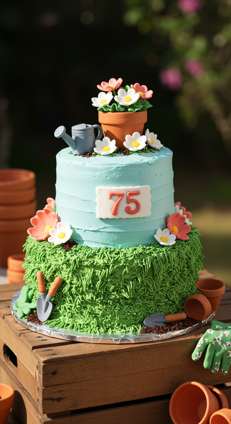 Zweistöckige Torte mit Gartenthema: untere Etage als Wiese, obere hellblau mit Gartengeräten.