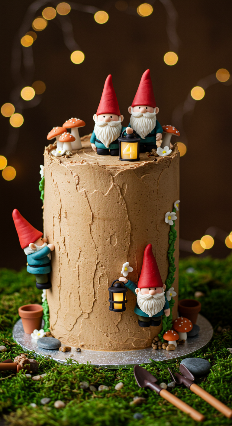 Braune Torte mit Baumrindenstruktur und niedlichen Fondant-Gartenzwergen.