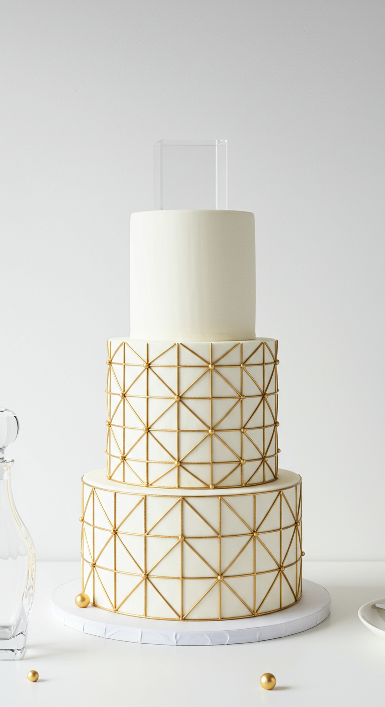 Moderne, dreistöckige weiße Torte mit goldenem geometrischem Gittermuster auf den unteren Etagen.