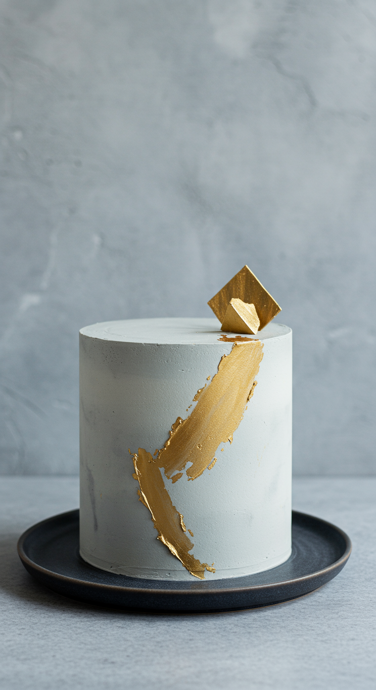 Hellgraue Torte mit einem breiten goldenen Pinselstrich und goldenen Schoko-Elementen.