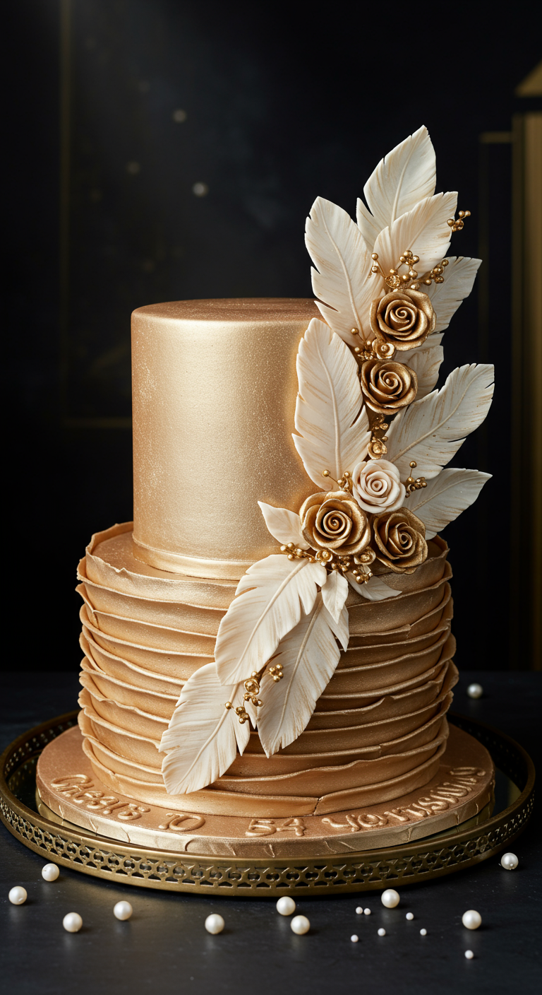 Goldene zweistöckige Torte mit Rüschen, dekoriert mit einem opulenten Gesteck aus weißen Zuckerfedern und goldenen Rosen.