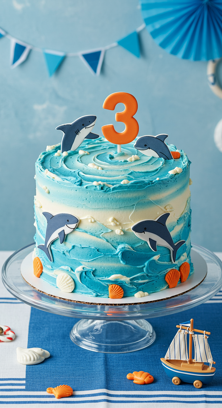 Blaue Wellen-Torte mit Zucker-Haien und Muscheln.