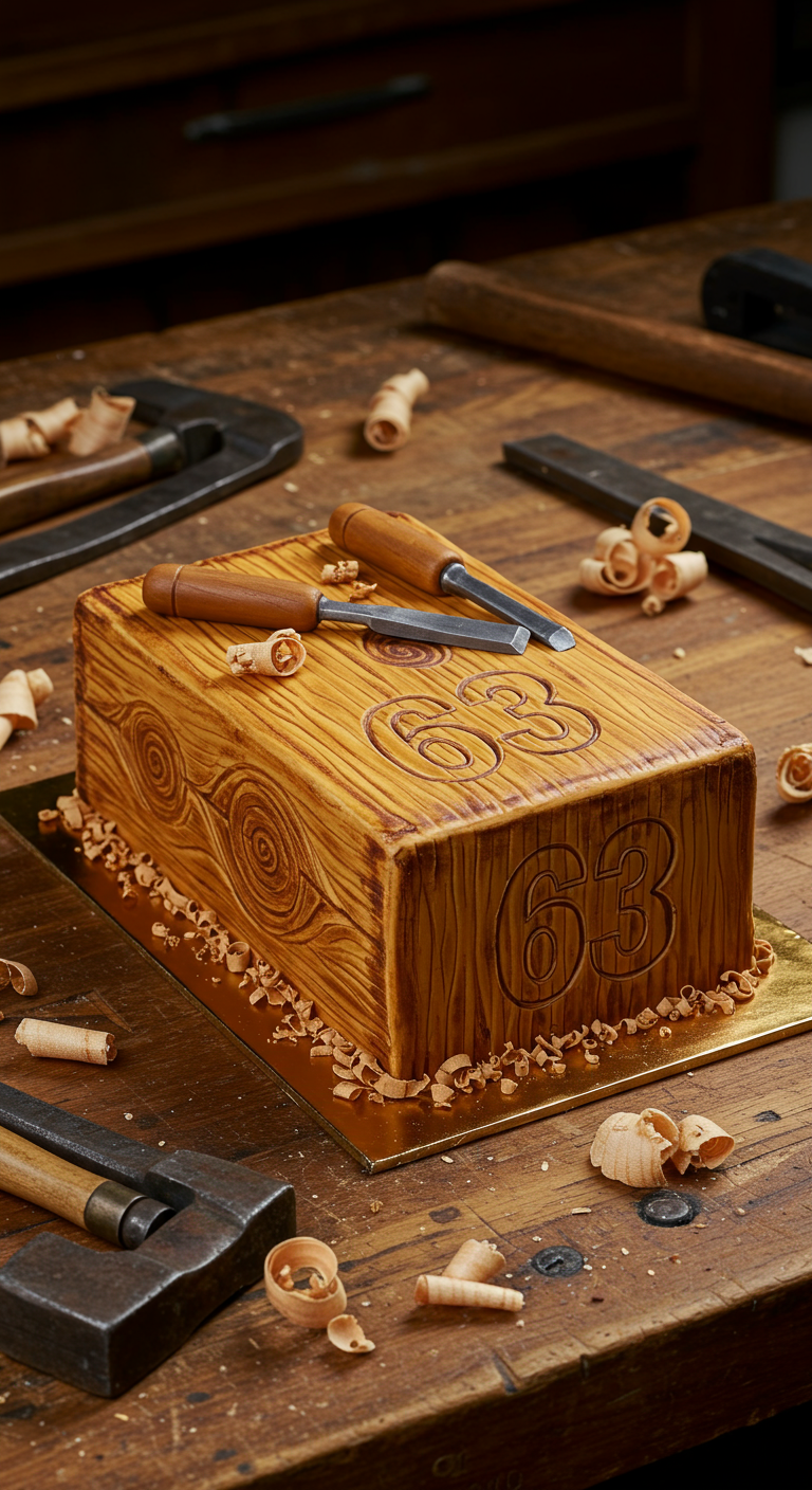 Rechteckige Torte mit realistischer Holzmaserung, Zahl 63 eingraviert, kleine Schnitzwerkzeuge.