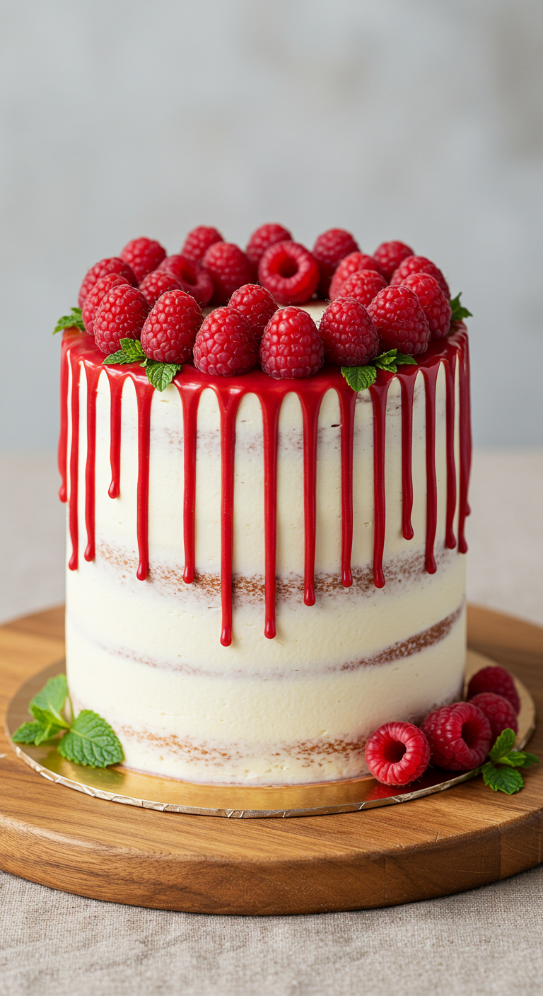 Naked Cake mit intensivem Himbeer-Drip und frischen Himbeeren.