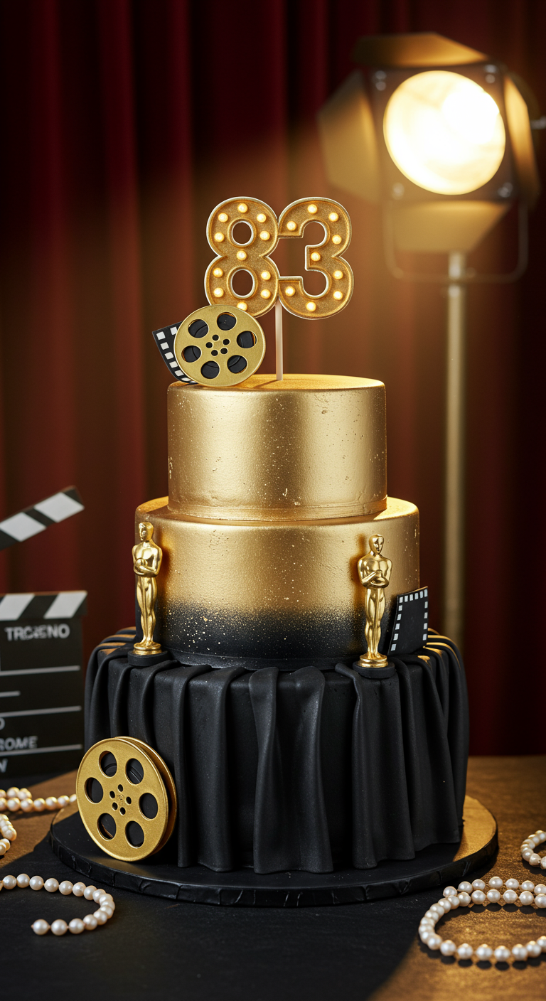 Schwarz-goldene zweistöckige Torte im Hollywood-Stil mit Filmrollen, Oscar-Figuren und Leucht-Zahl 83.