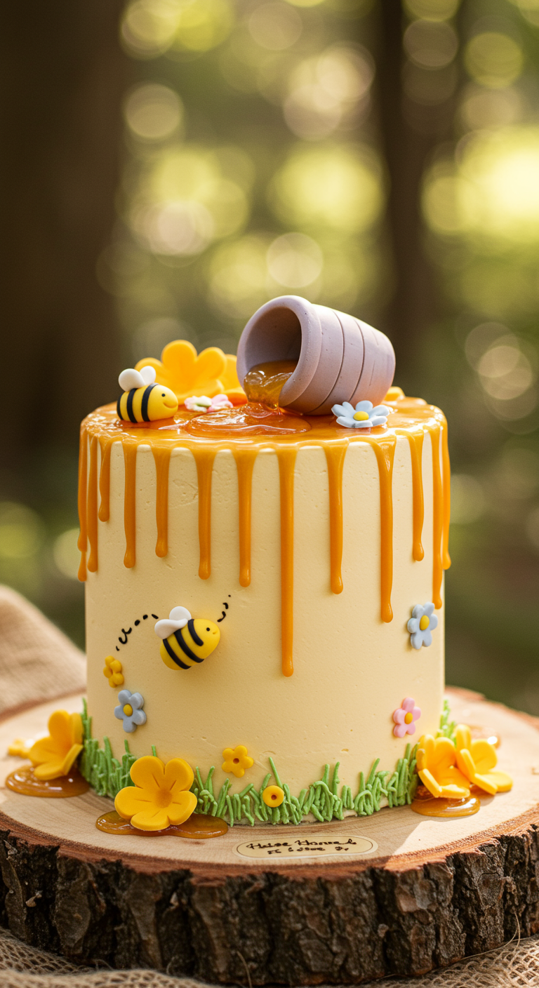 Winnie Puuh Torte mit tropfendem Honig, Bienen und einem Honigtopf.