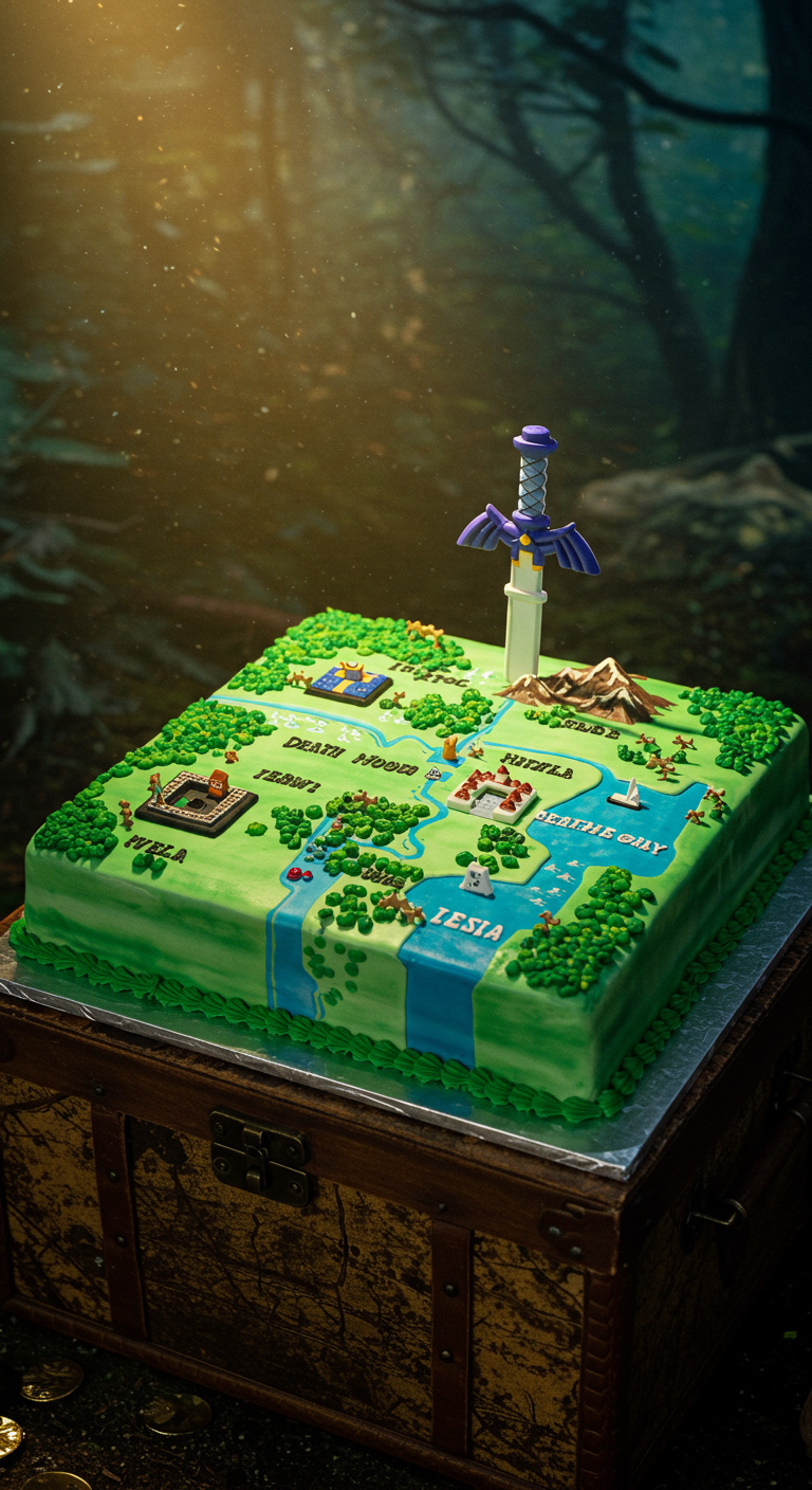 Grüne Zelda-Landkarte als Torte mit blauem Fluss, Bäumen und Master Schwert in einem Felsen