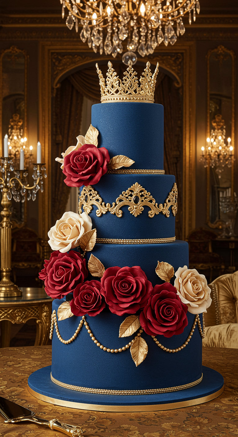 Mehrstöckige königsblaue Torte mit roten und weißen Rosen, goldenen Ornamenten und einer goldenen Krone.