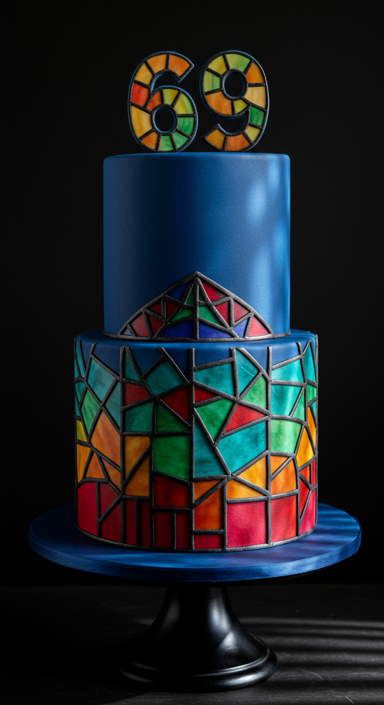 Zweistöckige dunkelblaue Torte mit buntem Kirchenfenster-Mosaik und Zahl 69.